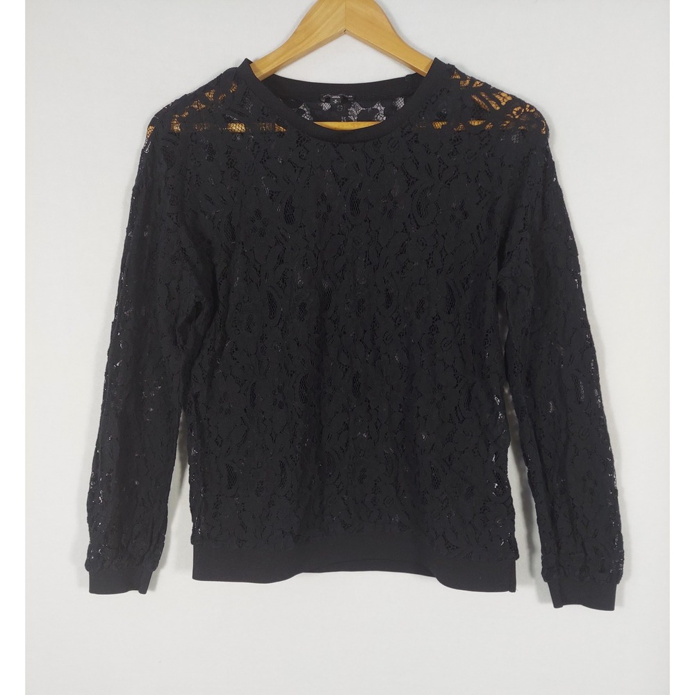 Express Black Floral Lace Top Sheer Long Sleeve Crew Neck Goth Whimsigoth M